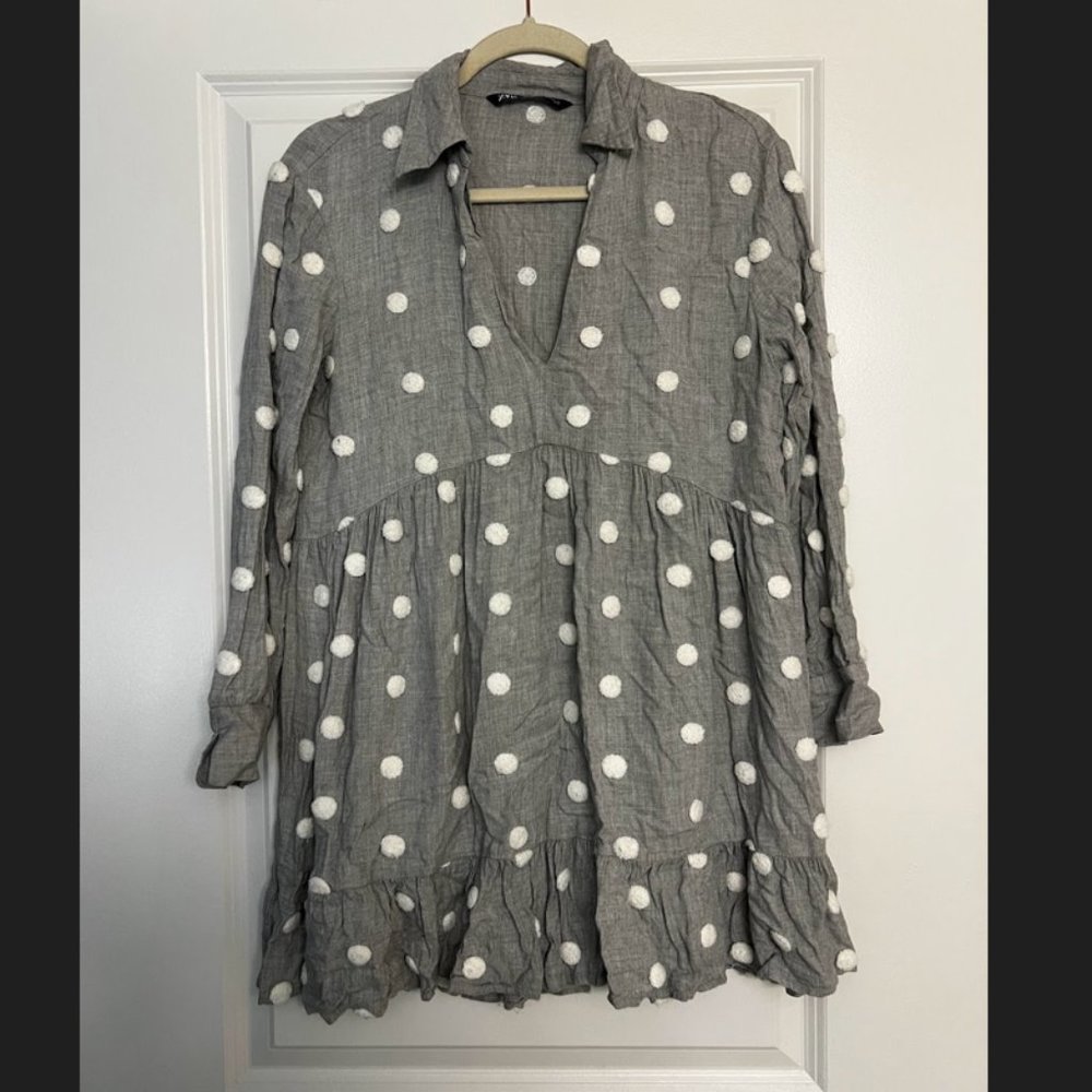 Zara Grey and White Polka Dot Long Sleeve Collared Mini Dress
